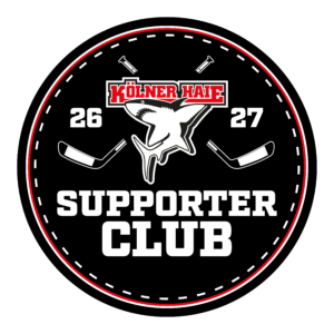 Rundes Logo des Koelner Haie Supporter Clubs mit weißen Elementen und einem stilisierten Hai
